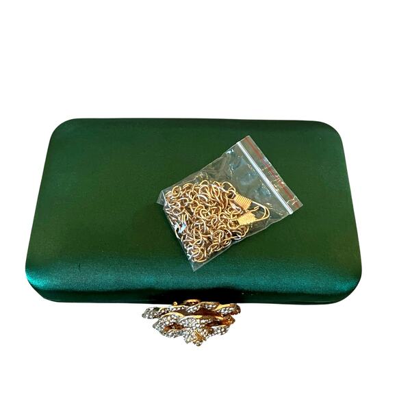 Natasha Crystal Green Satin Evening Clutch Gold Rhinestone Floral Detail New - Picture 7 of 16
